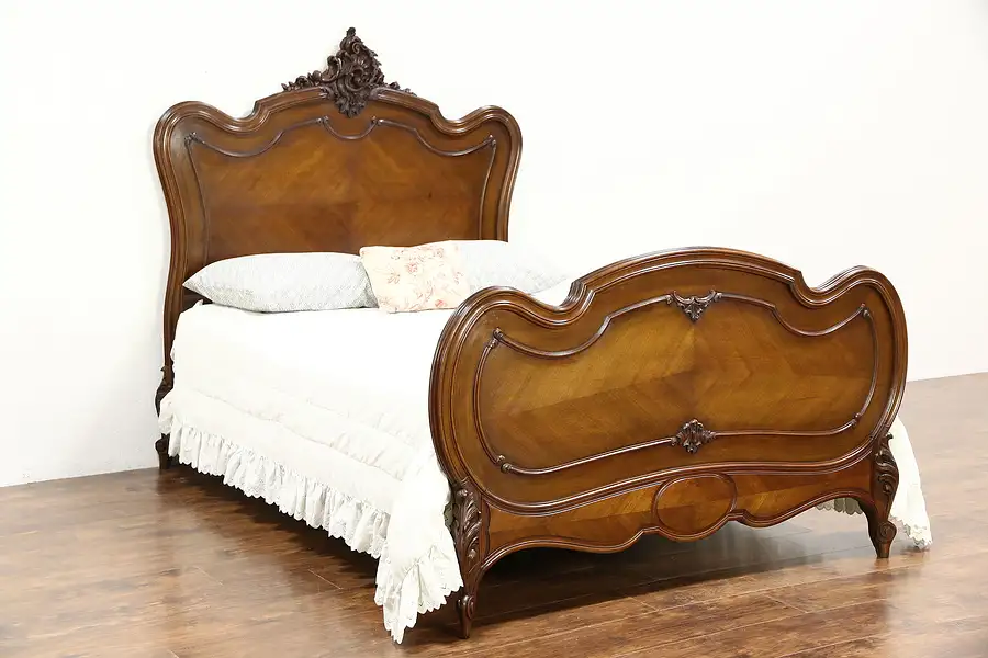 Main image of French Louis XIV Hand Carved Walnut Antique 1900 Full or Double Size Bed