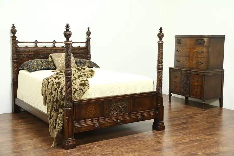 Main image of Bedroom Set, Carved Vintage Tall Chest & Poster Bed, Signed Romweber