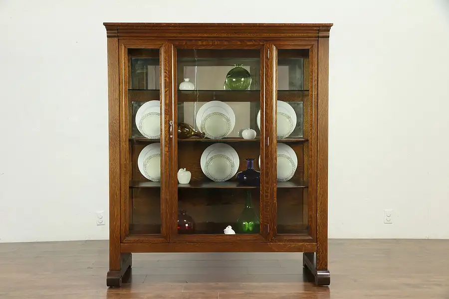 Main image of Oak Quarter Sawn Antique China Display Cabinet or Bookcase, Wavy Glass