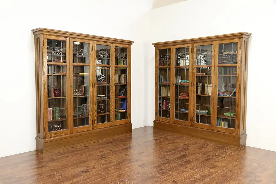 Main image of Pair of Oak 1900 Antique 7' Wide Library Bookcases, Leaded Glass