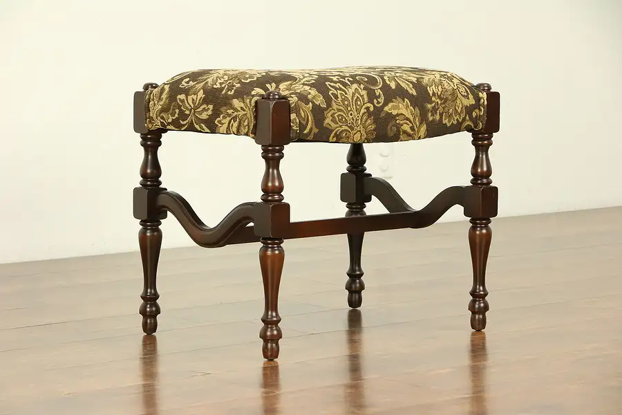 Main image of English Tudor 1920's Vintage Stool or Bench, New Upholstery