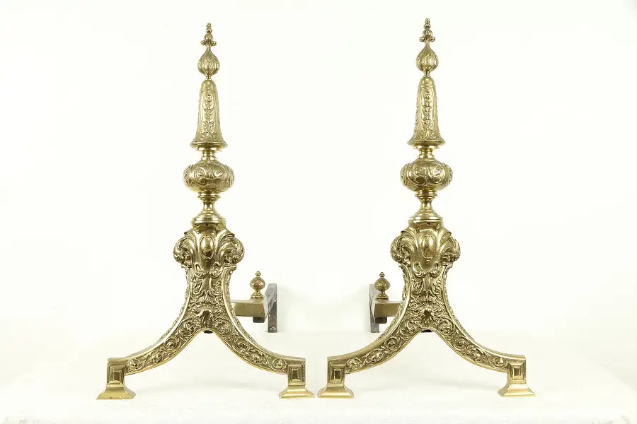 Main image of Pair of Brass Antique Fireplace Hearth Andirons, Iron Log Rests