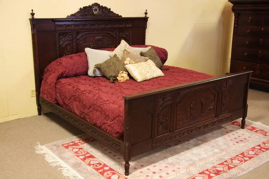 Main image of Brittany Antique King Size Bed, Carved Scenes