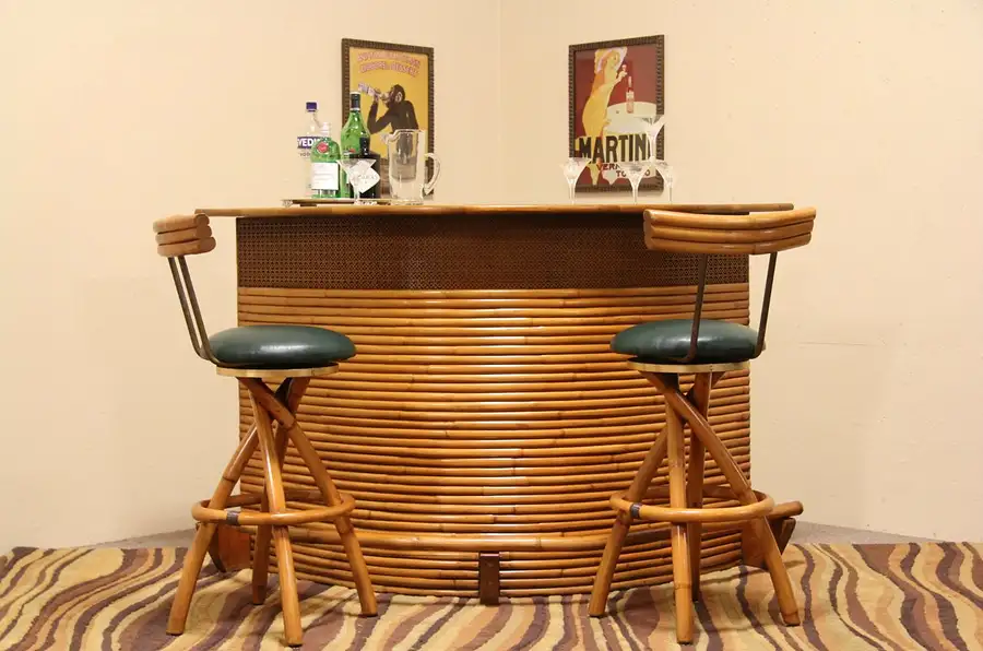 Main image of Midcentury Modern Curved 1950's Vintage Bamboo Bar, 2 Stools