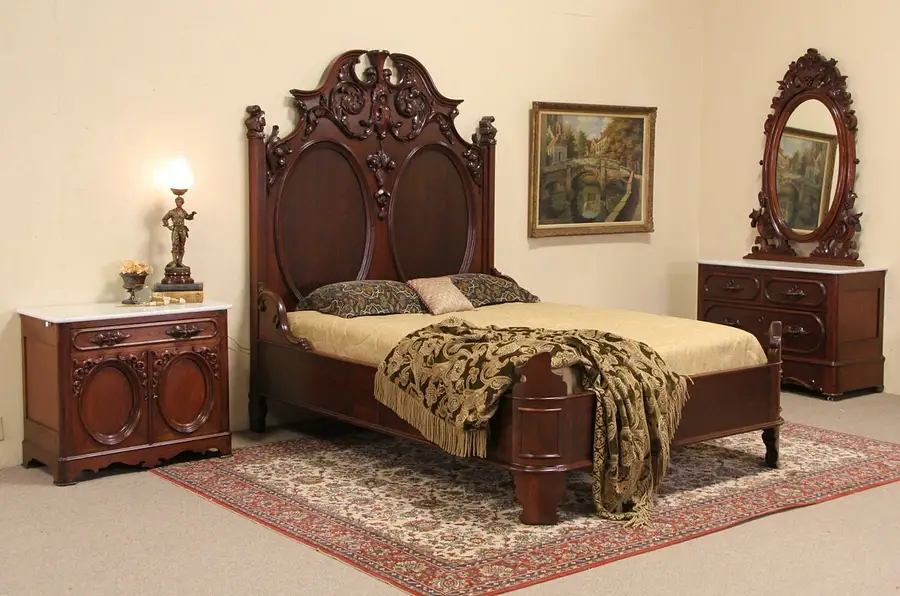 Main image of Victorian Carved Queen Size 3 Pc. 1860 Antique Bedroom Set, Marble Tops