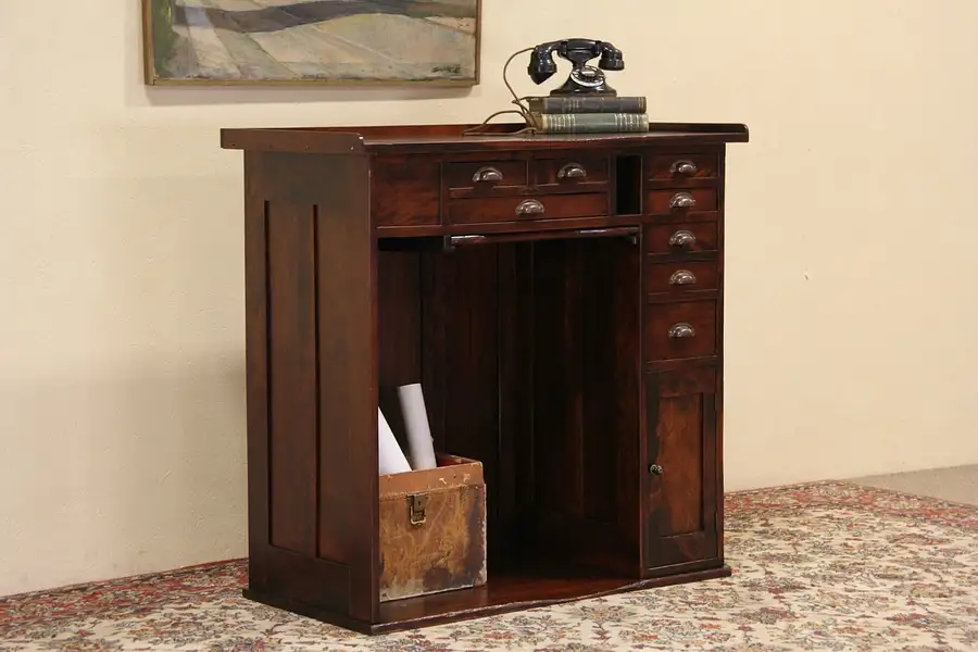 Main image of Watch or Clock Maker Antique 1910 Workbench Desk, 8 Drawers