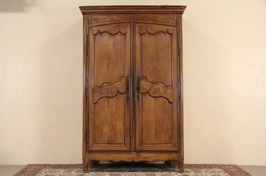 Main image of French Carved Oak 1780 Antique Armoire, Modern Fitted Interior