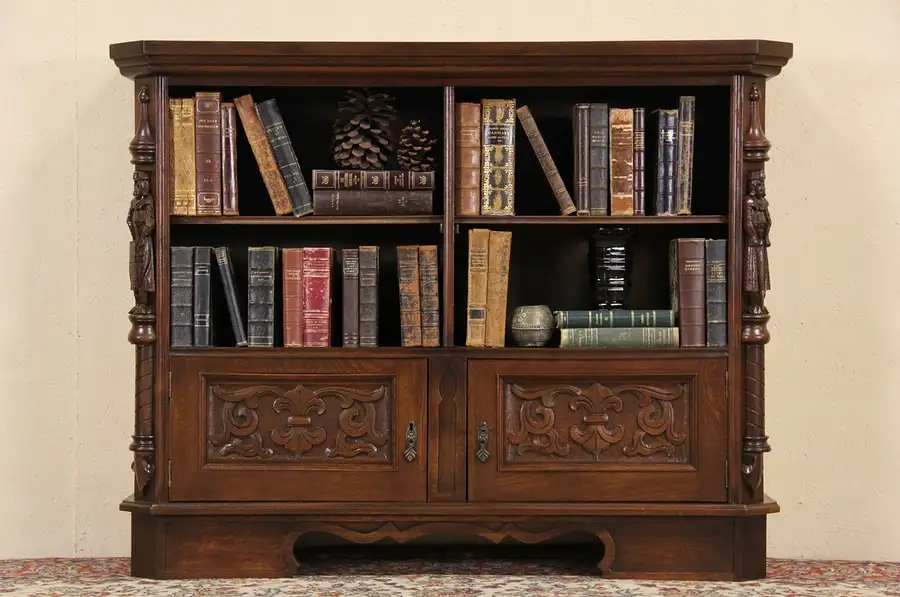 Main image of Oak Antique 1910 Scandinavian Bookcase, Carved Knights