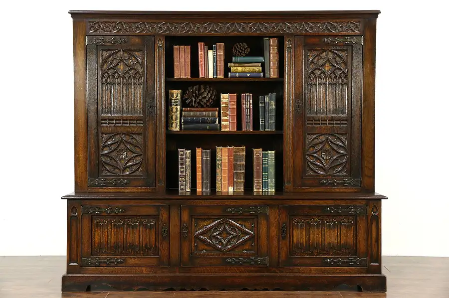 Main image of Dutch Oak Antique Library Bookcase, Hand Carved Gothic Linen Fold Panels