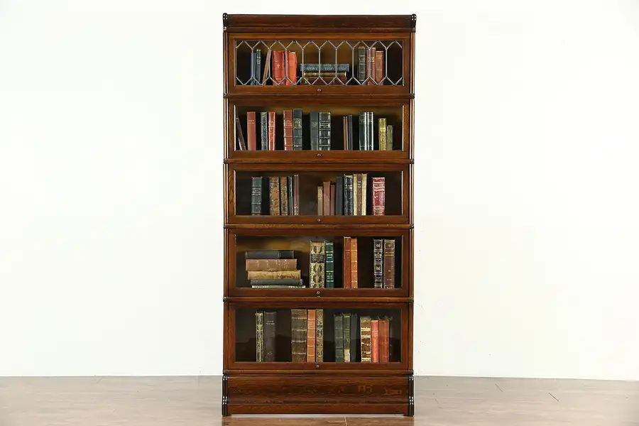 Main image of Oak 1900 Antique 5 Section Stacking Lawyer Bookcase, Leaded Glass