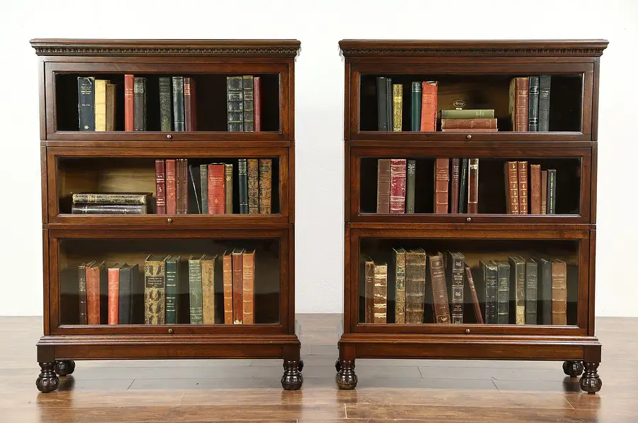Main image of Pair 1915 Antique Stacking Library or Lawyer Walnut Bookcases, Signed Macey