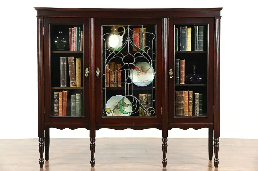 Main image of Triple Mahogany 1910 Antique Library Bookcase, Leaded Stained Glass Door
