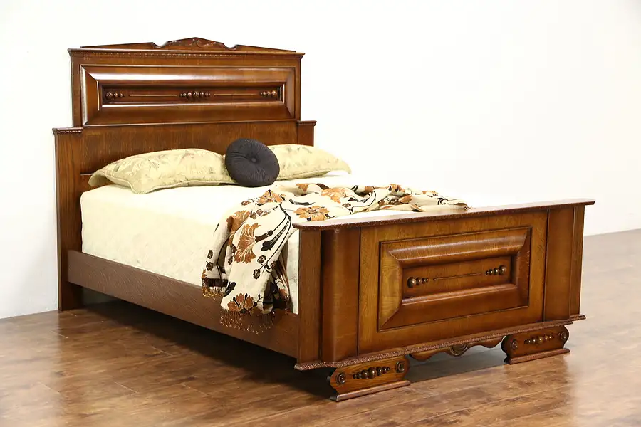 Main image of Art Deco 1930 Vintage Carved Oak Queen Size Bed, Italy