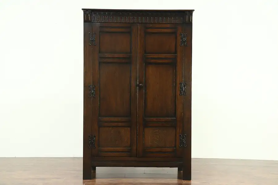 Main image of Oak English Tudor 1925 Antique Armoire, Closet or Wardrobe