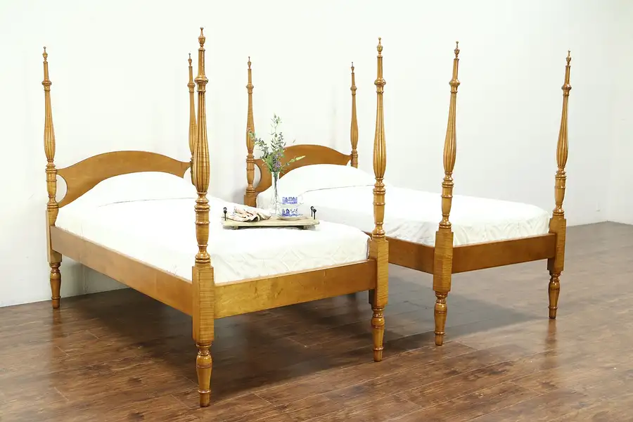 Main image of Pair of Antique Twin or Single Poster Beds, Curly Birdseye Maple