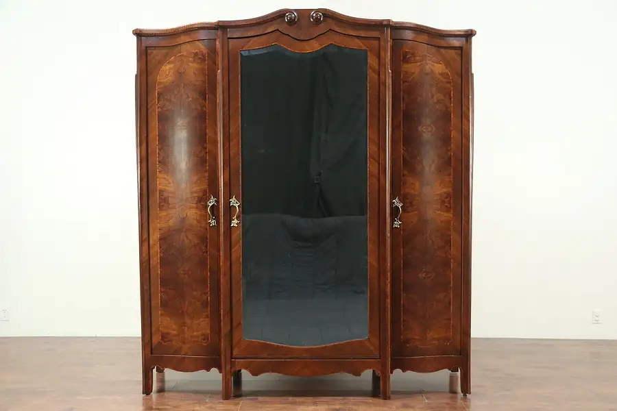 Main image of Triple Antique Armoire, Wardrobe or Closet, Beveled Mirror, Italy