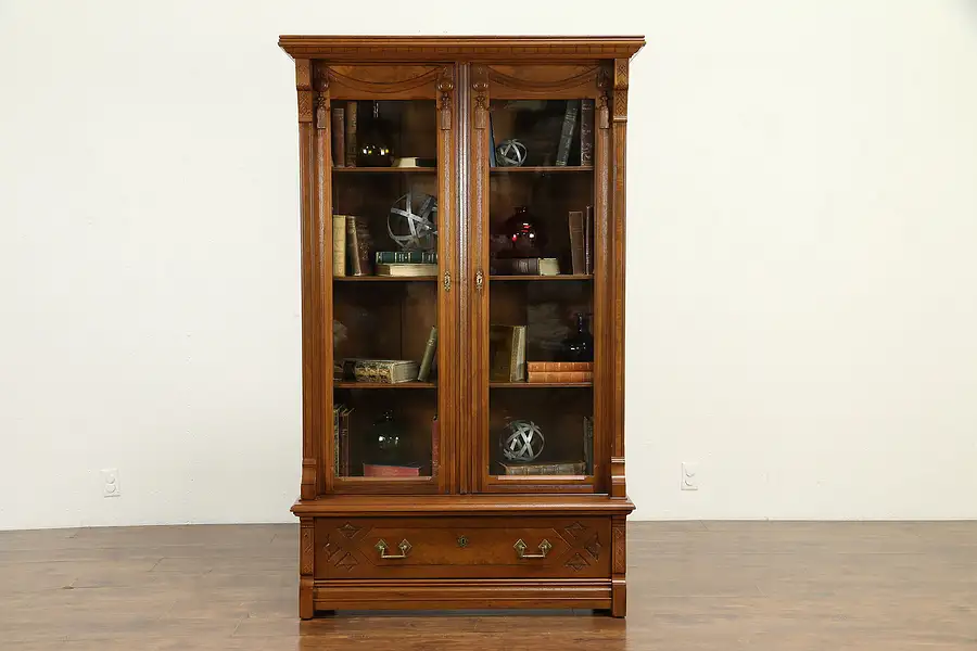 Main image of Victorian Antique Walnut Library Bookcase, Wavy Glass, Carved Tassels