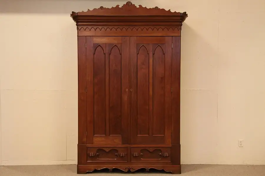 Main image of Carved 1860 Antique Victorian Gothic Armoire