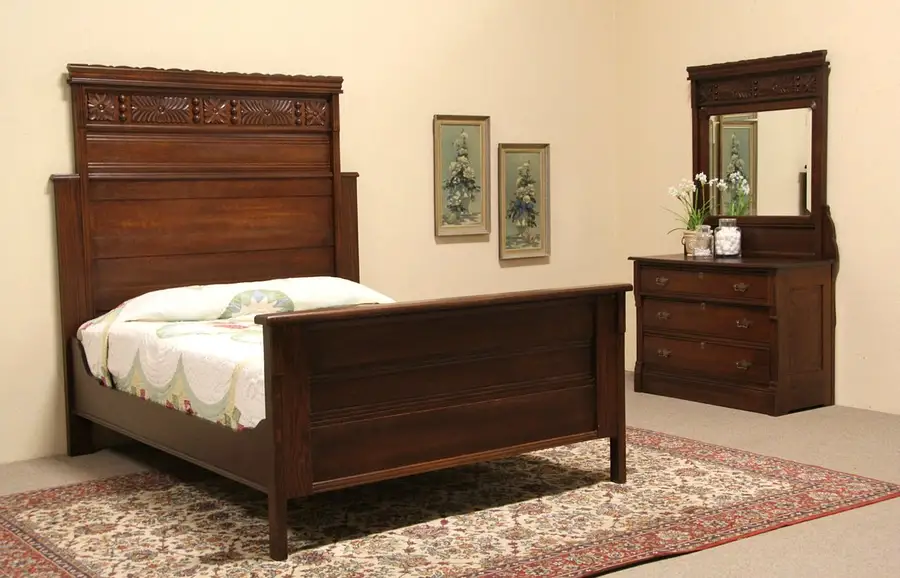 Main image of Carved Oak 1895 Antique 2 Pc. Bedroom Set, Queen Size