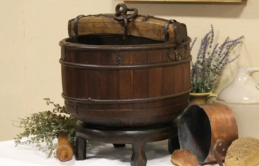 Main image of Asian Wooden Water Well Antique 1900 Bucket, Yoke & Hook