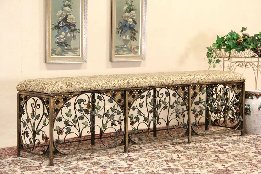 Main image of Wrought Iron Hand Painted 1915 Antique Upholstered Hall Bench