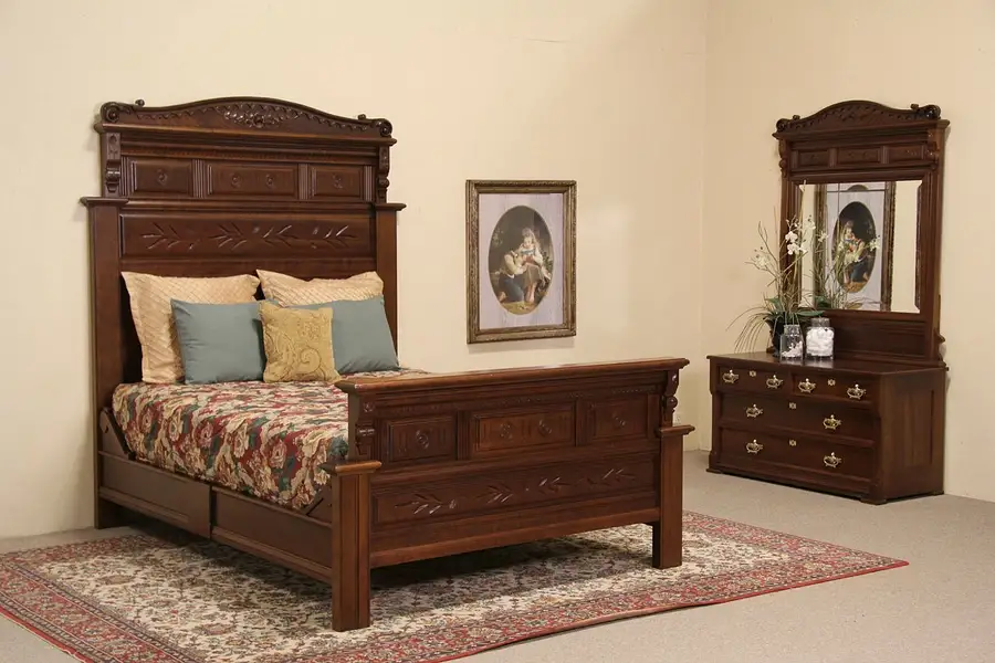 Main image of Queen Size 1880 Antique Eastlake Carved Cherry Bedroom Set, Bed & Dresser