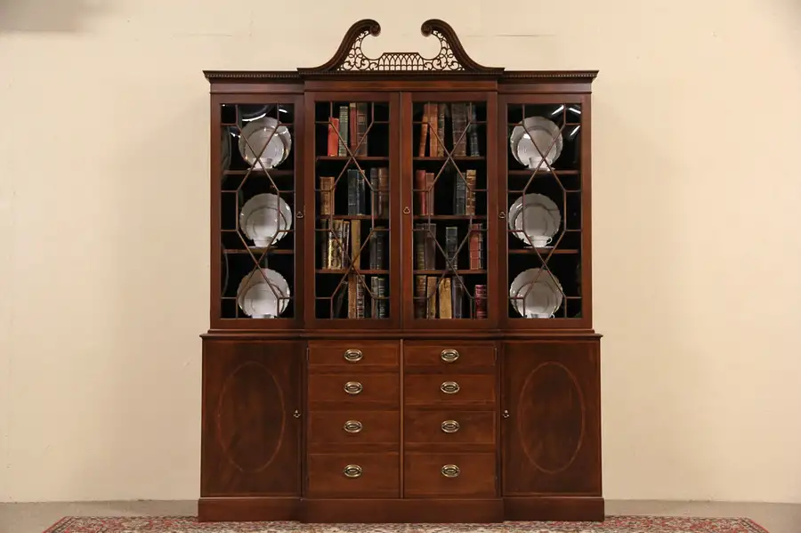 Main image of Georgian 1950's Vintage Mahogany Breakfront Bookcase China Cabinet