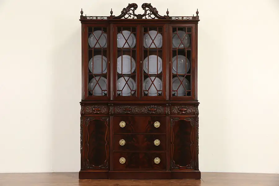 Main image of Georgian Carved 1950's Vintage Mahogany Breakfront China Cabinet or Bookcase