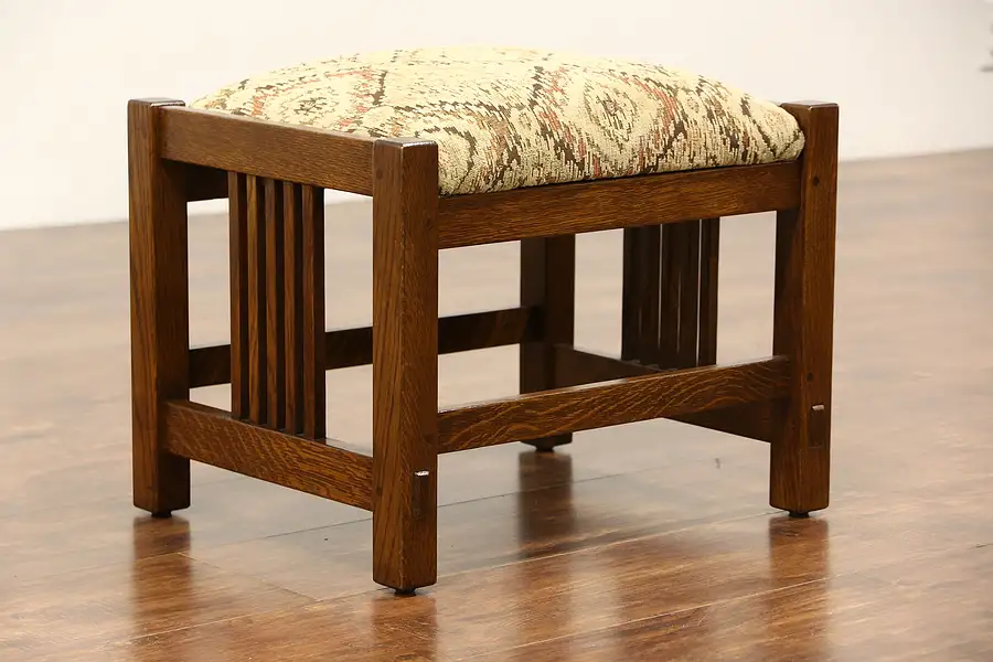 Main image of Stickley Signed Craftsman Oak Vintage Footstool or Bench, New Upholstery