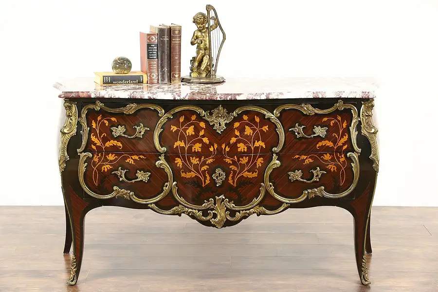 Main image of Bombe Italian Rosewood Marquetry Antique Chest or Commode, Marble Top