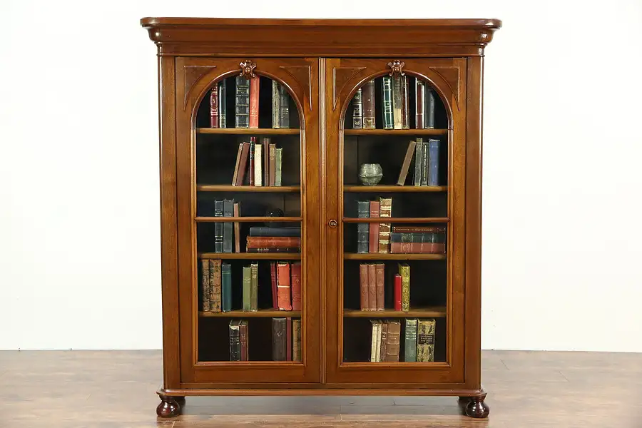 Main image of Victorian Antique 1860 Walnut Library Bookcase, Arched Wavy Glass Doors