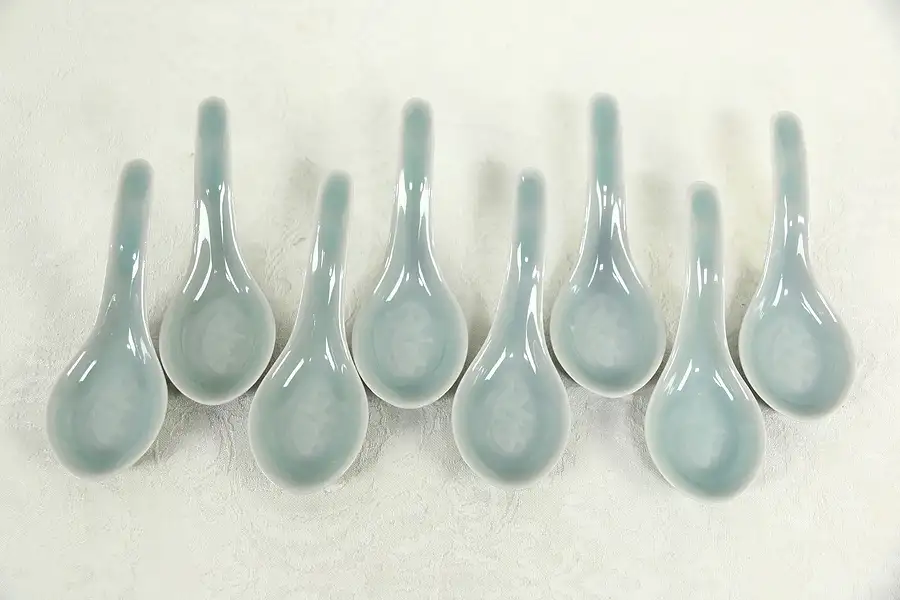 Main image of Set of 8 Traditional Chinese Porcelain Celadon Soup Spoons, Embossed Fish