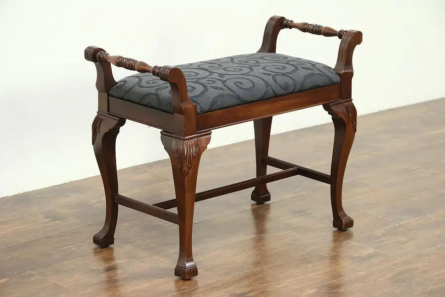 Main image of Carved 1920 Antique Carved Bench with Arms, New Upholstery