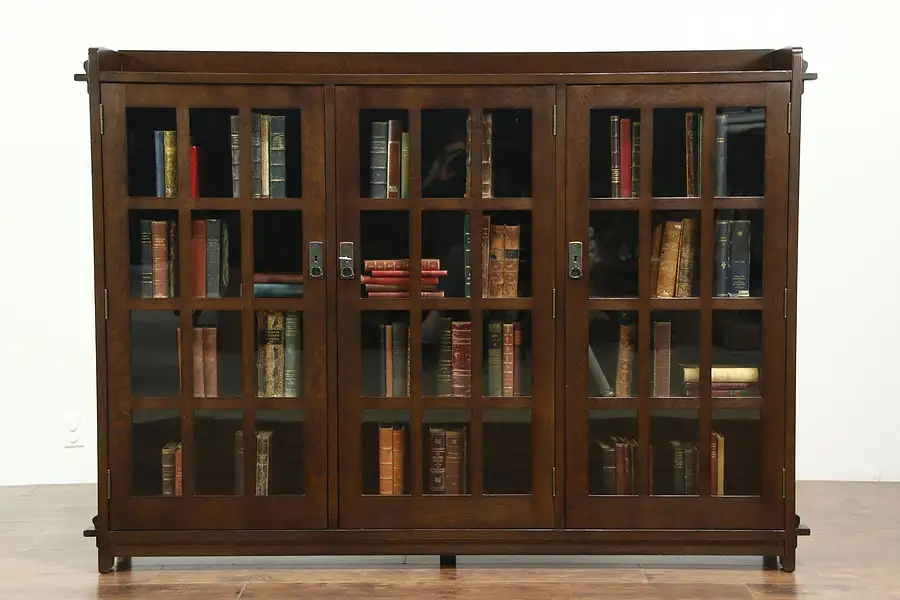 Main image of Arts & Crafts Mission Oak Triple Craftsman Bookcase Signed 1992 Stickley