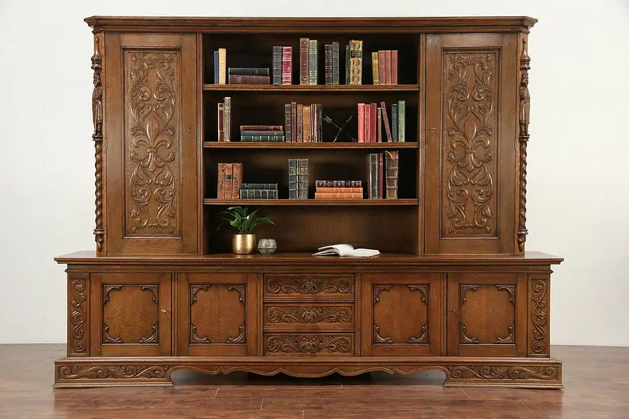 Main image of Oak Antique Library or Office 8' 10" Bookcase Carved Knights Scandinavia