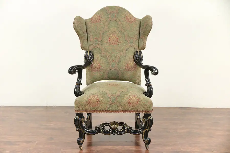 Main image of Carved Oak Antique French Wing Chair, Recent Tapestry Upholstery