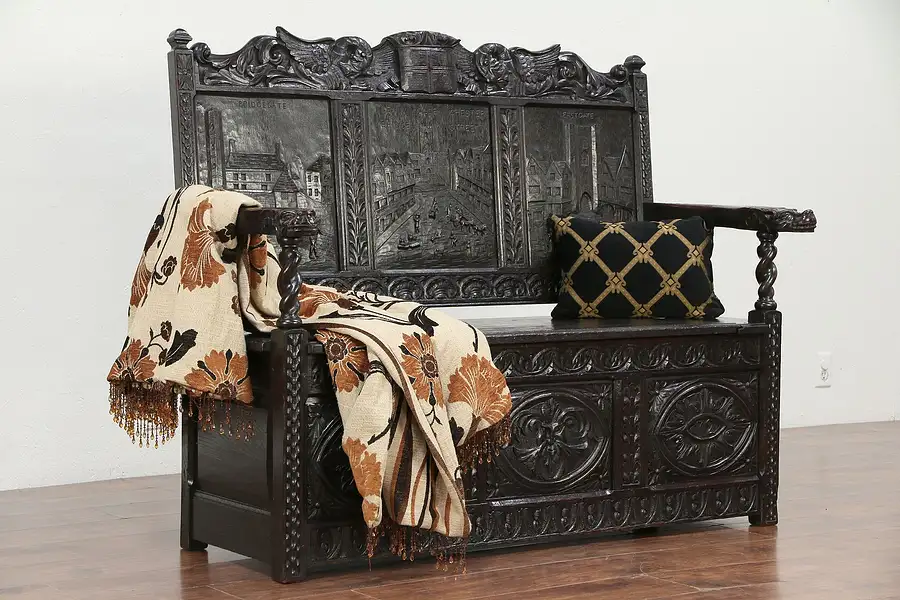 Main image of Victorian Carved Antique Oak Bench, Griffins & Scenes of Chester, England