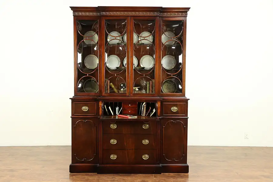 Main image of Traditional Mahogany Breakfront China Cabinet, Bookcase & Desk, Saginaw