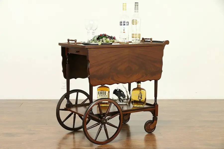 Main image of Bar Cart, Antique Mahogany Dessert or Beverage Trolley, Signed 1918