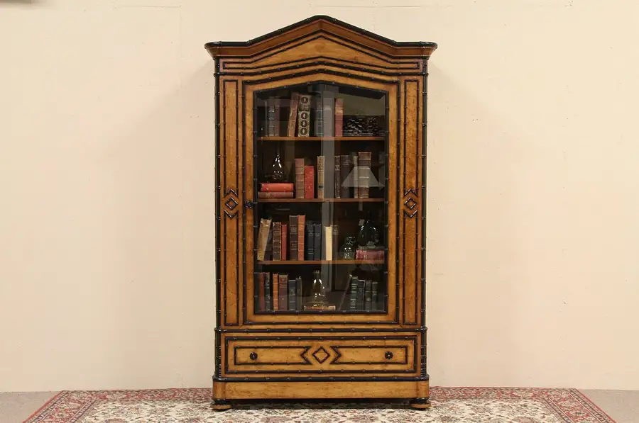 Main image of Birdseye & Bamboo Antique Bookcase or Curio Display Armoire Cabinet
