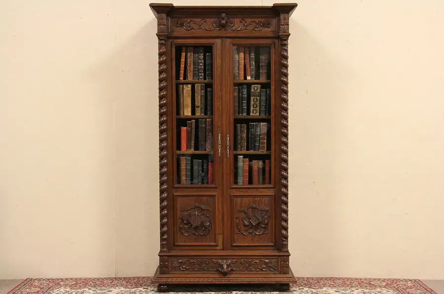 Main image of Carved 1880 Oak Library Bookcase, Spiral Columns & Wavy Glass