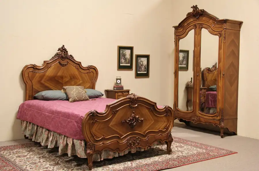 Main image of Carved French 1900 Bedroom Set, Queen Size Bed & Armoire