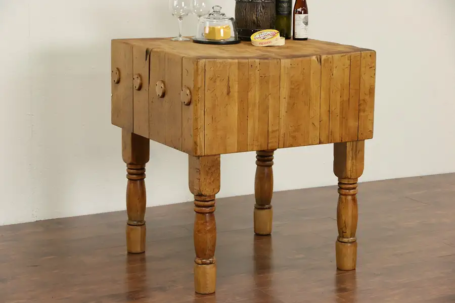 Main image of Butcher 1900 Antique Chopping Block, Kitchen Island, Signed Lehrer, Milwaukee