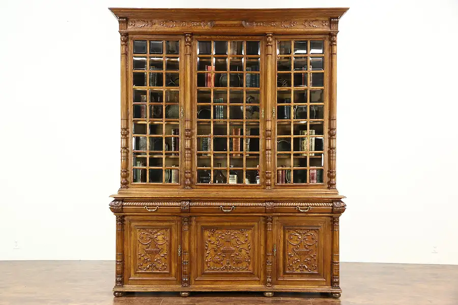 Main image of Oak Hand Carved French Antique Library Bookcase, Beveled Glass Panes