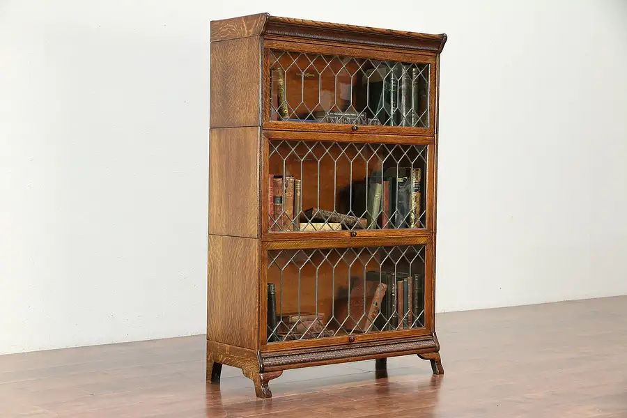 Main image of Oak Antique 3 Stack Lawyer Bookcase, Leaded Glass Doors, Green Bay