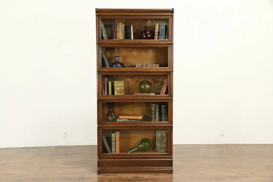 Main image of Oak Antique 5 Stack Lawyer Bookcase, Signed Globe, Wavy Glass, 70" Tall