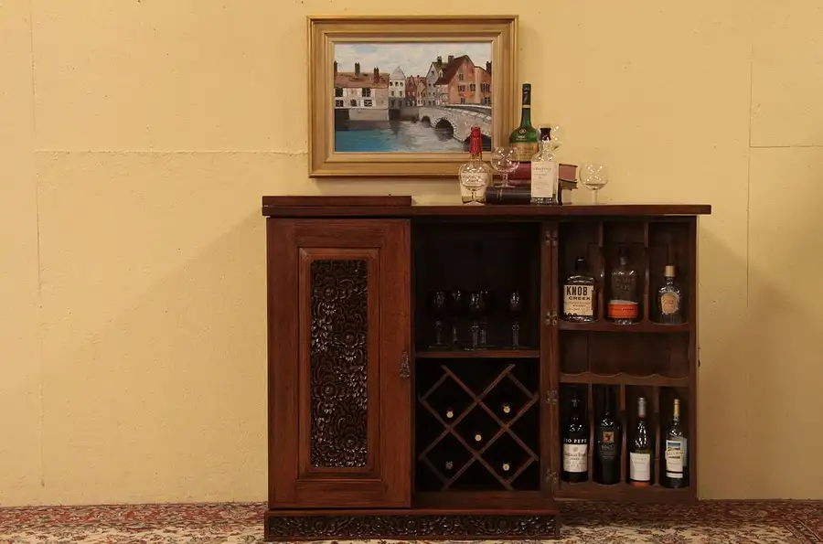 Main image of Hand Carved Teak Bar Cabinet, Flip Open