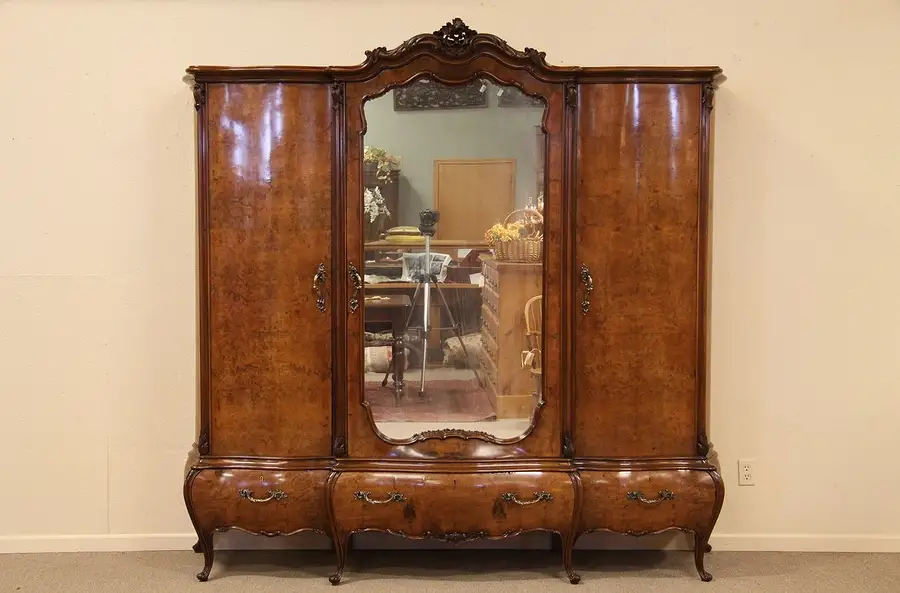 Main image of Bombe Burl Carved Antique Triple Armoire