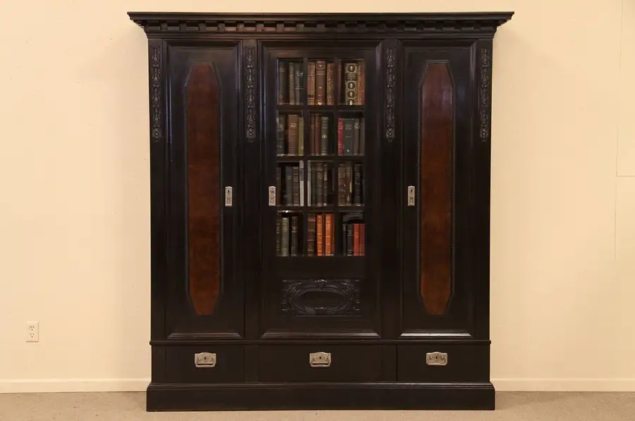 Main image of Carved Triple Antique Bookcase, Beveled Glass