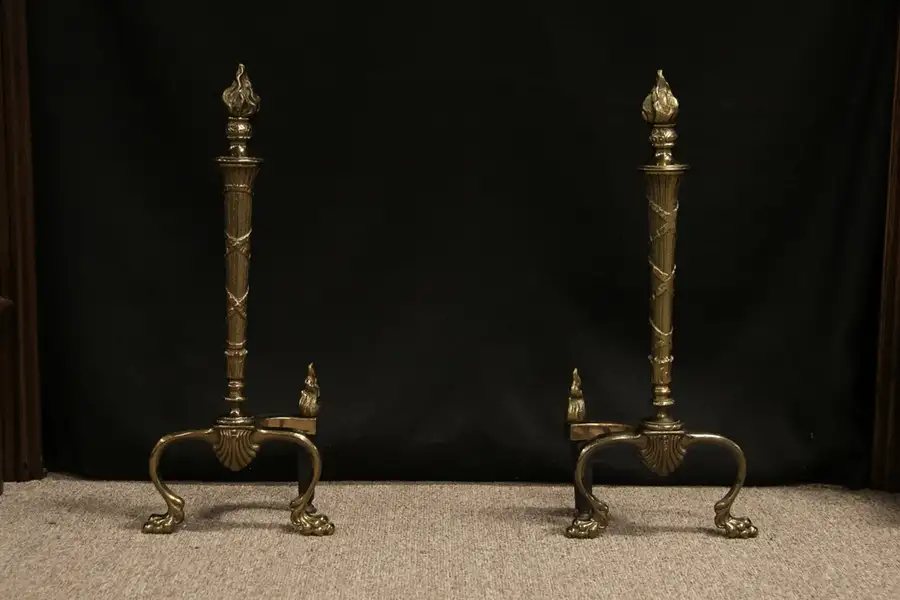 Main image of Brass Antique Fireplace Andirons with Claw Feet and Flame on Top